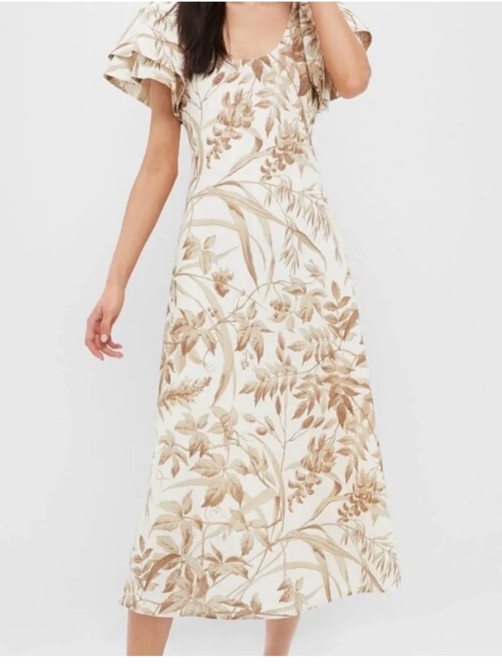 Cream Maxi Dress with Beige Botanical Print and Flutter Sleeves